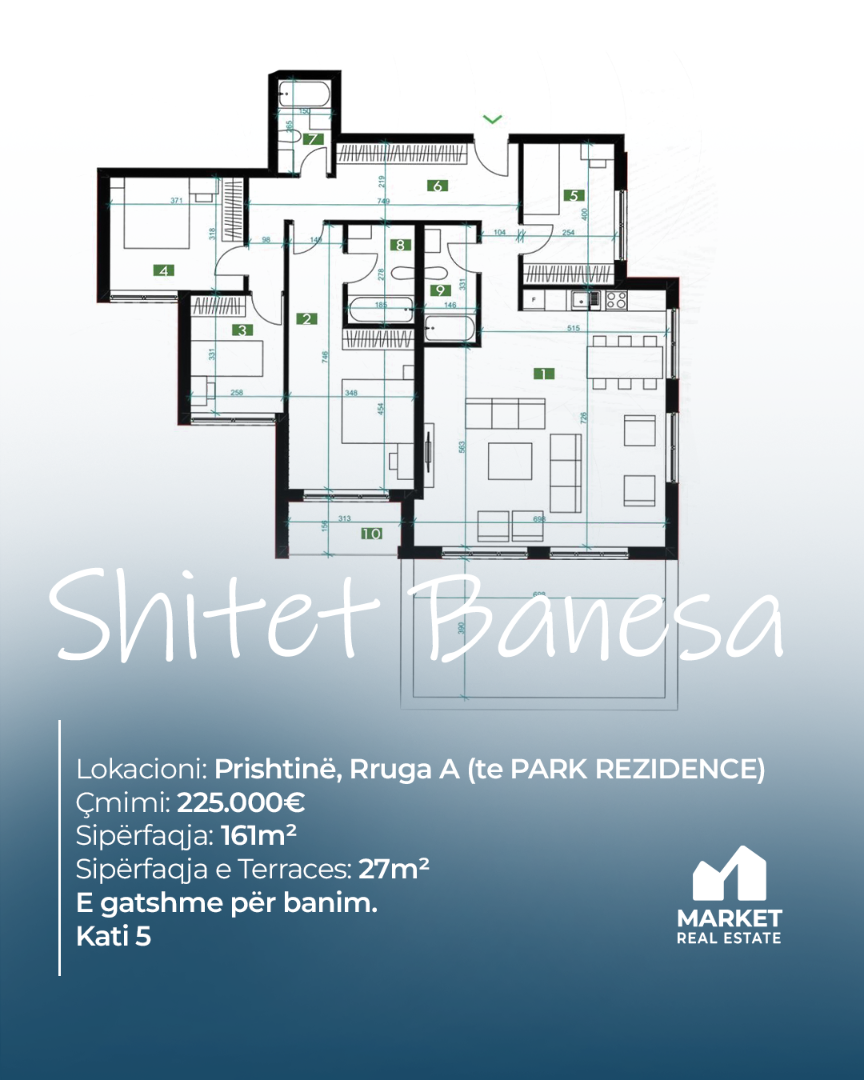 Banesa 161m² + 27m² Tarracë në Katin 5 te Park Residence banesë/apartment në Prishtinë