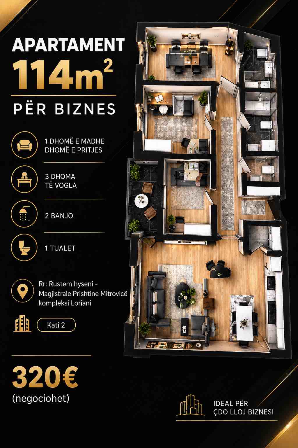 Apartament 114.5m2 me qera për Biznes banesë/apartment në Vushtrri